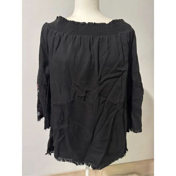 Billy T Tops - Billy T Black off the shoulder boho fridge edge embroidered Top S